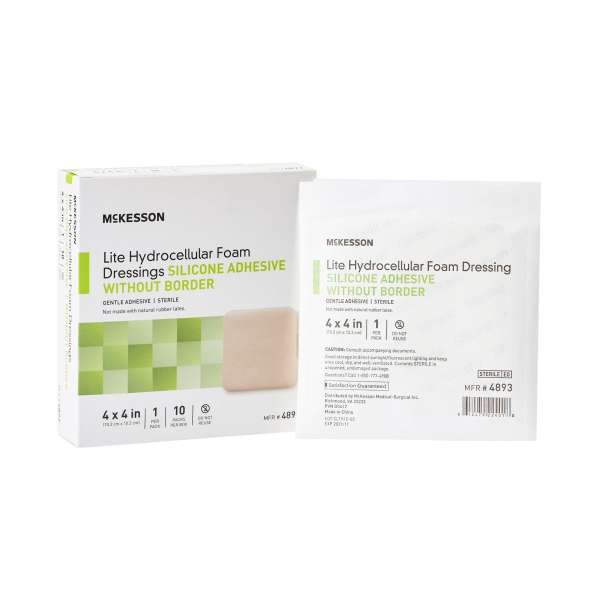 McKesson Lite Hydrocellular Foam Dressing w/ Silicone Adhesive w/o Border, 4 x 4 Product Image