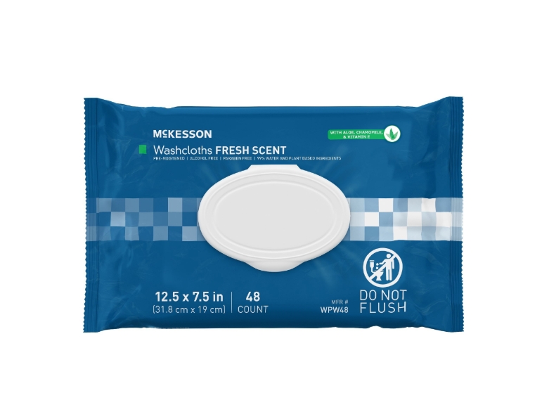 Personal Cleansing Wipe McKesson Soft Pack Scented 48 Count WIPE, PRE-MOIST W/DSPN LID (48/PK 12PK/CS) Product Image